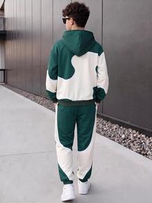 SHEIN 2pcs Kids Tween Boys Casual Dark Green Color Block Crew Neck Sweatshirt & Sweatpants Set, Suitable For Fall/Winter, School, Family Gathering, Back To School, FallOutfit, WinterOutfit - Dark Green - View 5