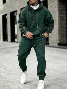 Aesthetic Post 男士字母壓紋抽繩連帽衛衣與運動長褲棕色套裝 - 墨綠色 - 查看 3