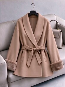 GlowEve CURVE Plus Size Faux Fur Cuff Panel Wool Blend Coat, Camel, Elegant Winter Outfit For Office Formal Occasions - Multicolor - View 1