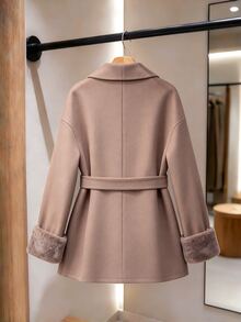 GlowEve CURVE Plus Size Faux Fur Cuff Panel Wool Blend Coat, Camel, Elegant Winter Outfit For Office Formal Occasions - Multicolor - View 2