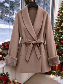 GlowEve CURVE Plus Size Faux Fur Cuff Panel Wool Blend Coat, Camel, Elegant Winter Outfit For Office Formal Occasions - Multicolor - View 3