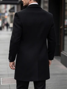 Manfinity Bizformal 男士純色長袖休閒優雅雙排扣大衣，正式晚宴黑色秋季，正式，老錢風 - 黑色 - 查看 2