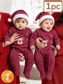 SHEIN Newborn 2pcs Burgundy Festival Cartoon Reindeer Long Sleeve Side Snap Footed Romper Jumpsuit With Hat Set For Christmas Holiday Winter Photoshoot Cute - Red - View 2