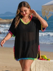 SHEIN Swim Plus Size Women's V-Neck Ombre Color Pompom Trim Slit Hem Coverup Dress, Summer Beach Resort - Black - View 1