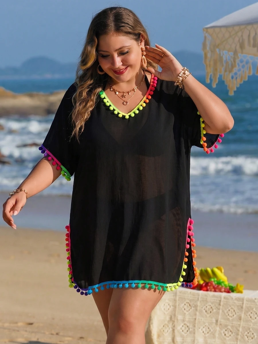 SHEIN Swim Plus Size Women's V-Neck Ombre Color Pompom Trim Slit Hem Coverup Dress, Summer Beach Resort - Black - View 1