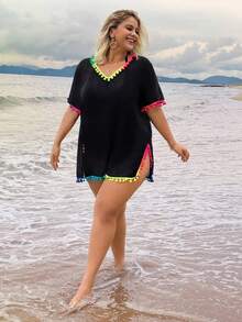 SHEIN Swim Plus Size Women's V-Neck Ombre Color Pompom Trim Slit Hem Coverup Dress, Summer Beach Resort - Black - View 6