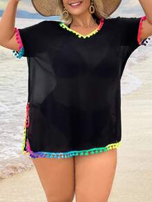 SHEIN Swim Plus Size Women's V-Neck Ombre Color Pompom Trim Slit Hem Coverup Dress, Summer Beach Resort - Black - View 5