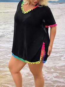 SHEIN Swim Plus Size Women's V-Neck Ombre Color Pompom Trim Slit Hem Coverup Dress, Summer Beach Resort - Black - View 4