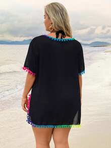SHEIN Swim Plus Size Women's V-Neck Ombre Color Pompom Trim Slit Hem Coverup Dress, Summer Beach Resort - Black - View 2