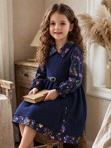 SHEIN Young Girl Floral Digital Print Ribbed Mock 2-Piece Dress Cute Ruffle Long Sleeve Peter Pan Collar Fall Winter Loose Casual Flared Layered Midi Dress - Royal Blue - View 4