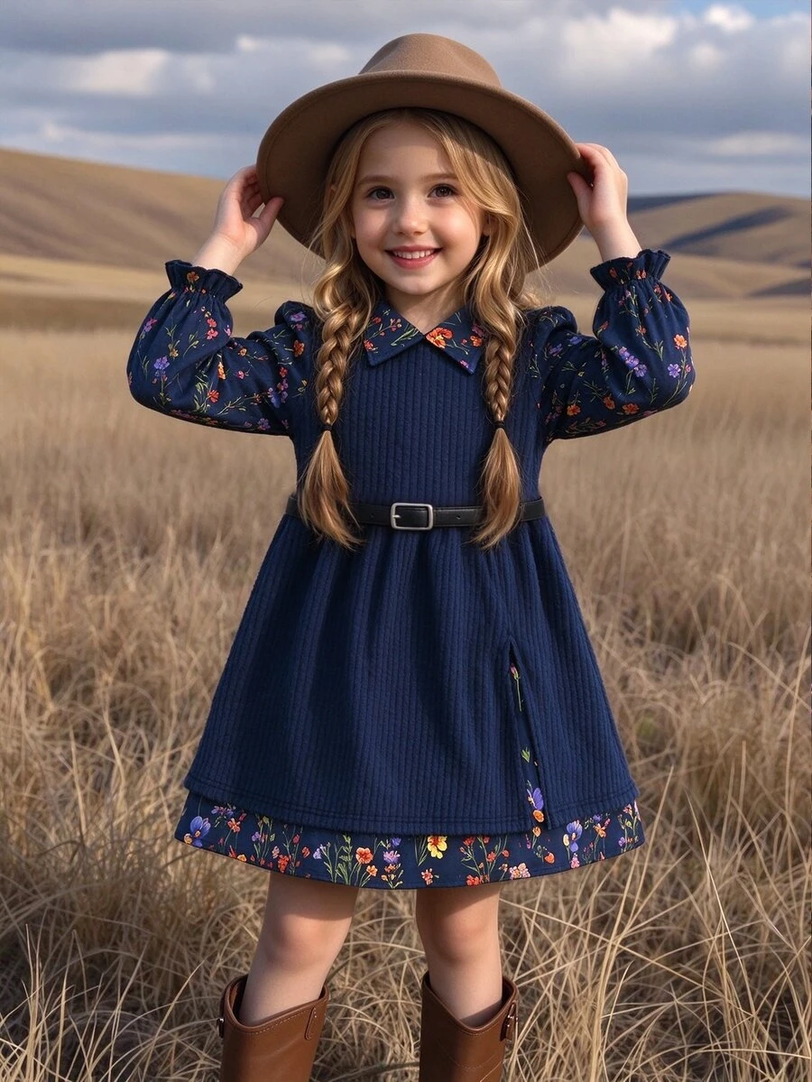 SHEIN Young Girl Floral Digital Print Ribbed Mock 2-Piece Dress Cute Ruffle Long Sleeve Peter Pan Collar Fall Winter Loose Casual Flared Layered Midi Dress - Royal Blue - View 1