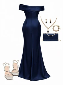 SHEIN Pitira Teen Girls Partywear, Off-Shoulder Ruched Elegant Criss-Cross, Hem Split Mermaid Dress For Christmas And Halloween - Navy Blue - View 3
