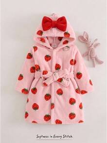 SHEIN Baby Girl Knitted Solid Color Strawberry Pattern Faux Fur Hooded Casual Loungewear Autumn - Multicolor - View 1