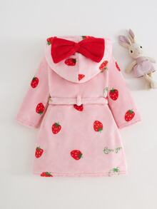 SHEIN Baby Girl Knitted Solid Color Strawberry Pattern Faux Fur Hooded Casual Loungewear Autumn - Multicolor - View 2