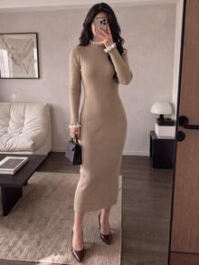 Seusyu Women's Mid-High Neck Slimming Waist Lace Trim Sweater Dress, Autumn/Winter - Khaki - View 6