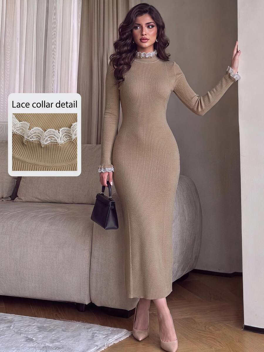 Seusyu Women's Mid-High Neck Slimming Waist Lace Trim Sweater Dress, Autumn/Winter