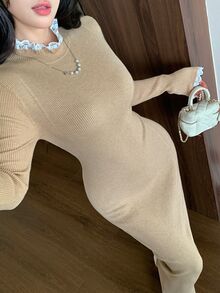 Seusyu Women's Mid-High Neck Slimming Waist Lace Trim Sweater Dress, Autumn/Winter - Khaki - View 8