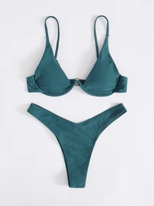 SHEIN Swim 單色比基尼套裝鋼圈文胸和高衩下裝2入組泳衣 - 水鴨藍 - 查看 6