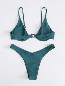SHEIN Swim 單色比基尼套裝鋼圈文胸和高衩下裝2入組泳衣 - 水鴨藍 - 查看 5