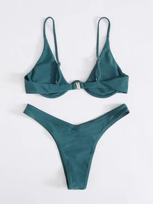 SHEIN Swim 單色比基尼套裝鋼圈文胸和高衩下裝2入組泳衣 - 水鴨藍 - 查看 2