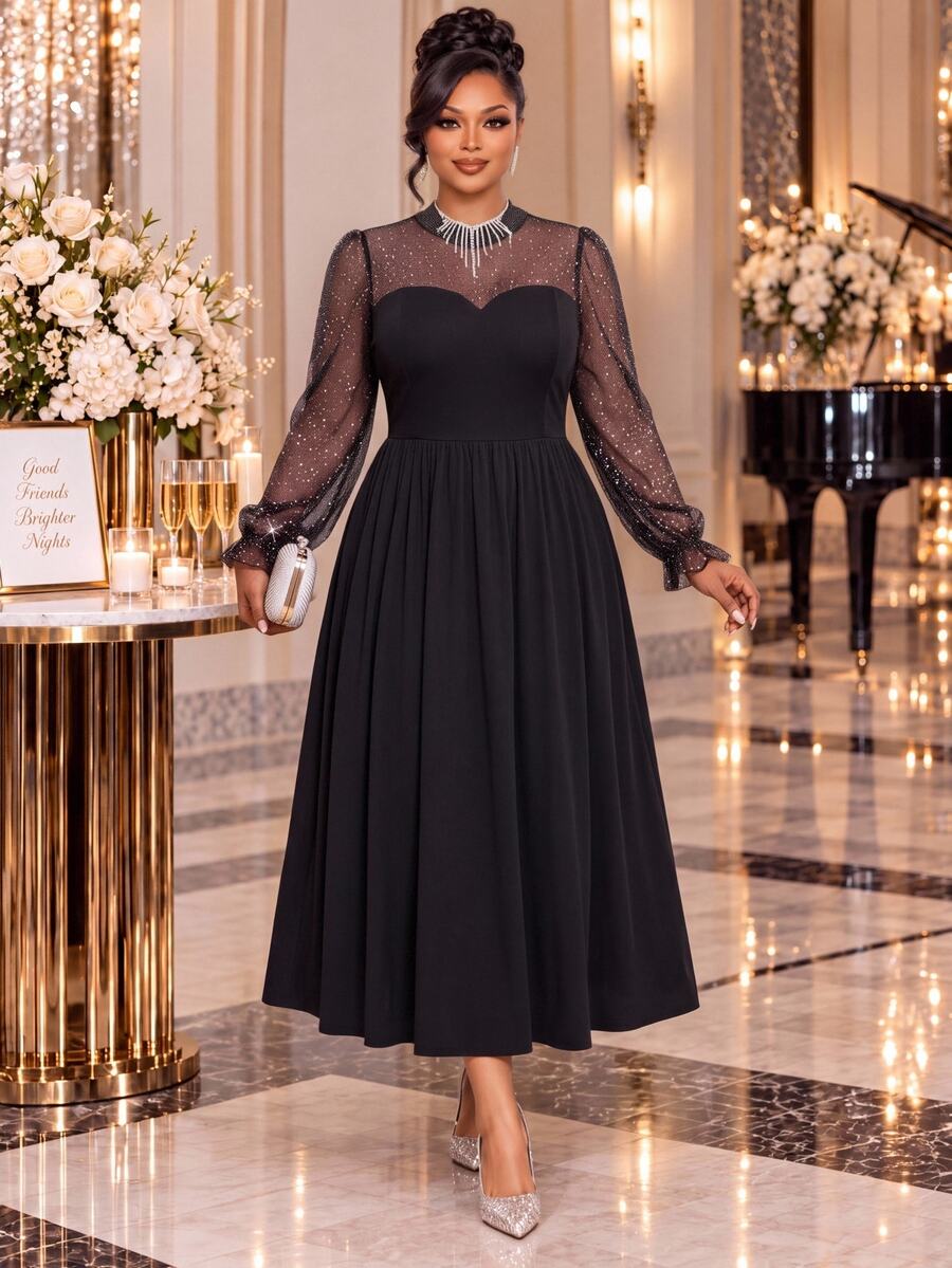 Fleurora Plus Size Women's Patchwork Glitter Mesh Elegant Sexy Dress Fall Wedding Party Evening Dinner Cocktail Formal Black New Year - Black - View 1