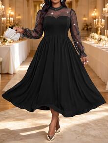Fleurora Plus Size Women's Patchwork Glitter Mesh Elegant Sexy Dress Fall Wedding Party Evening Dinner Cocktail Formal Black New Year - Black - View 3