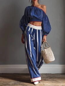 Trelyra Influencer Style Mediterranean Blue & White Vertical Striped Cold Shoulder Set, Lantern Sleeve Cropped Top + High-Waisted Draped Wide Leg Pants, Vacation Photo Slimming 2 Pieces Set - Blue - View 4