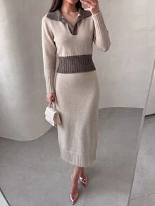 Modelyn Women's Contrast Color Long Sleeve Top And Skirt Knit Two Pieces Set Office Beige Fall Elegant - Apricot - View 4