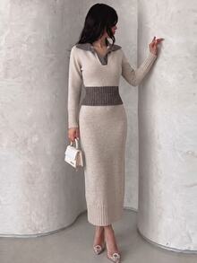 Modelyn Women's Contrast Color Long Sleeve Top And Skirt Knit Two Pieces Set Office Beige Fall Elegant - Apricot - View 6