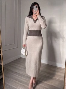 Modelyn Women's Contrast Color Long Sleeve Top And Skirt Knit Two Pieces Set Office Beige Fall Elegant - Apricot - View 5