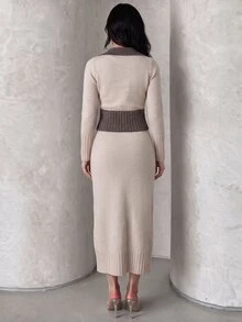 Modelyn Women's Contrast Color Long Sleeve Top And Skirt Knit Two Pieces Set Office Beige Fall Elegant - Apricot - View 2