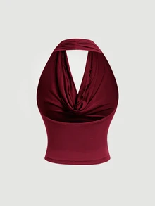 SHEIN MOD Women's Elegant Solid Color Versatile Halter Neck Burgundy Top,Christmas,Party,New Year - Burgundy - View 4