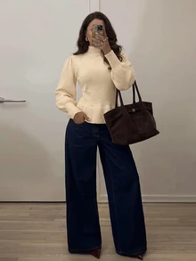 Firerie 女款優雅奶油色羅紋半高領毛衣，時尚長版泡泡袖修身設計 - 杏色 - 查看 6