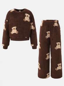 SHEIN Kids Tween Girl Autumn Winter Cartoon Pattern Plush Bear Print Loose Crew Neck Long Sleeve Pullover Sweatshirt And Pleated Wide Leg Long Pants Set - Coffee Brown - View 4