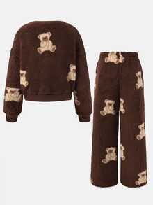 SHEIN Kids Tween Girl Autumn Winter Cartoon Pattern Plush Bear Print Loose Crew Neck Long Sleeve Pullover Sweatshirt And Pleated Wide Leg Long Pants Set - Coffee Brown - View 2