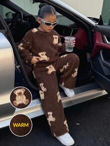 SHEIN Kids Tween Girl Autumn Winter Cartoon Pattern Plush Bear Print Loose Crew Neck Long Sleeve Pullover Sweatshirt And Pleated Wide Leg Long Pants Set - Coffee Brown - View 5