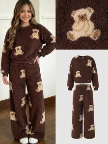 SHEIN Kids Tween Girl Autumn Winter Cartoon Pattern Plush Bear Print Loose Crew Neck Long Sleeve Pullover Sweatshirt And Pleated Wide Leg Long Pants Set - Coffee Brown - View 1