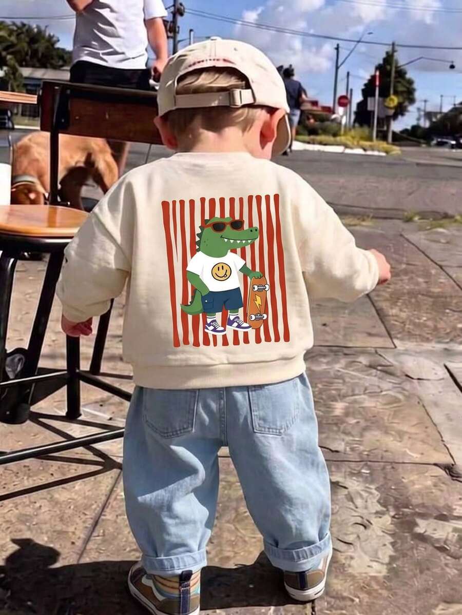 Baby Boy Crocodile Skateboard Back Print Sweatshirt Cream Crew Neck Long Sleeve Pullover Red Stripe Cool Alligator Unisex Top For Fall Winter - Multicolor - View 1