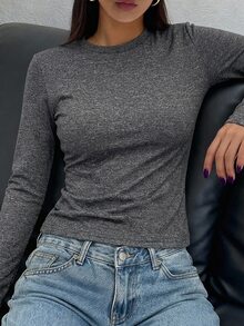 DAZY Women's Winter Versatile Solid Color Warm T-Shirt Everyday Black Casual All-Match All-Match Fall Lounge Long Sleeve Tops Home - Dark Grey - View 4