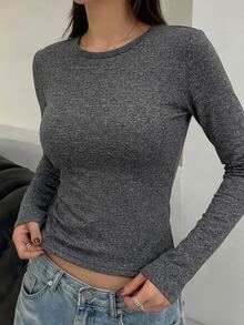 DAZY Women's Winter Versatile Solid Color Warm T-Shirt Everyday Black Casual All-Match All-Match Fall Lounge Long Sleeve Tops Home - Dark Grey - View 2
