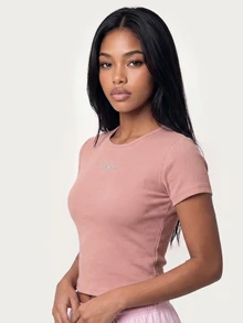 MISSGUIDED TEEN Ribbed Crop Slim Fit Tee With Rhinestone Angel Script Front And Crystal Wing Embellishment Back, Crew Neck, Short Sleeve - Pink - View 4