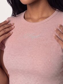 MISSGUIDED TEEN Ribbed Crop Slim Fit Tee With Rhinestone Angel Script Front And Crystal Wing Embellishment Back, Crew Neck, Short Sleeve - Pink - View 5