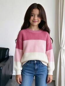 SHEIN Girls' Autumn/Winter Fashion Minimalist Thick Knit Sweater, Pink Striped Gradient Long Sleeve Crew Neck Pullover Winter - Pink - View 6