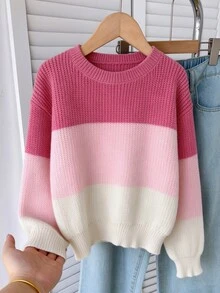 SHEIN Girls' Autumn/Winter Fashion Minimalist Thick Knit Sweater, Pink Striped Gradient Long Sleeve Crew Neck Pullover Winter - Pink - View 1