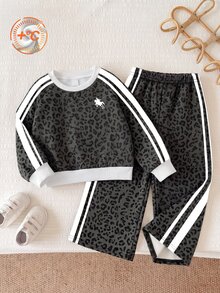 Young Girls 2pcs Set Grey Leopard Print Sweatshirt Wide Leg Pants Outfits Side Stripe Pullover Top For Fall Style Clothing School 7th Birthday Wear - Multicolor - View 5