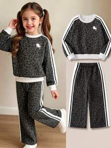 Young Girls 2pcs Set Grey Leopard Print Sweatshirt Wide Leg Pants Outfits Side Stripe Pullover Top For Fall Style Clothing School 7th Birthday Wear - Multicolor - View 1