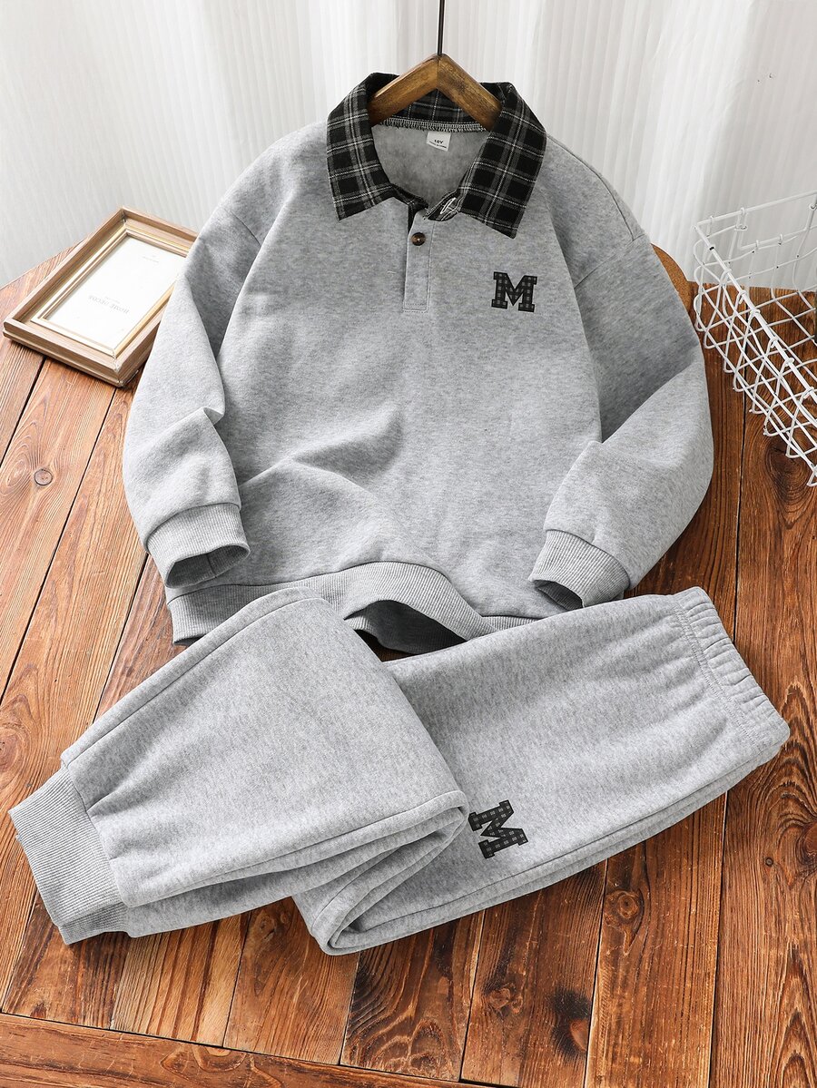 SHEIN Tween Boy Plaid Patchwork Button Half-Zip Sweatshirt And Jogger Pants Set - Grey - View 1