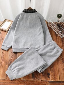 SHEIN Tween Boy Plaid Patchwork Button Half-Zip Sweatshirt And Jogger Pants Set - Grey - View 3