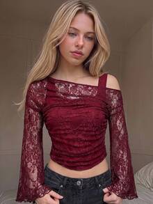 SHEIN ملابس علوية بناتي للمراهقات بتصميم 2 في 1، أكتاف مكشوفة مع دانتيل، أكمام طويلة غير متماثلة وأكمام جرس - عنابي اللون - مشاهدة 4