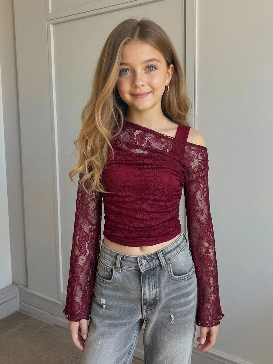 SHEIN ملابس علوية بناتي للمراهقات بتصميم 2 في 1، أكتاف مكشوفة مع دانتيل، أكمام طويلة غير متماثلة وأكمام جرس - عنابي اللون - مشاهدة 1